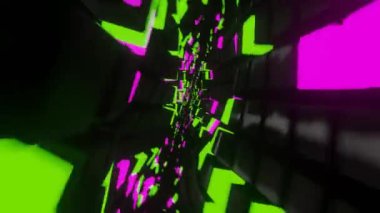 Yeşil ve mor ışıklı soyut renkli küp desenleri, 360 kamera dönüşü, 3D animasyon