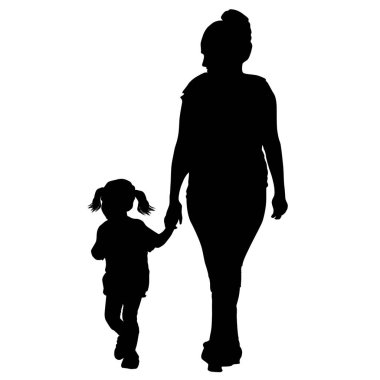 Bir anne ile küçük kızı elle beyaz zemin üzerine, vektör çizim yürüyüş silüeti