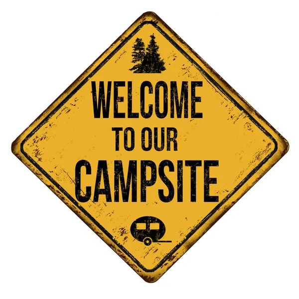 Bienvenido Nuestro Cartel Metal Oxidado Vintage Del Camping Sobre Fondo — Vector de stock