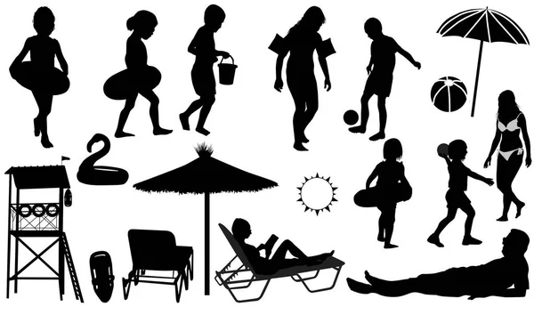 People Beach Vector Silhouettes White Background — Stock Vector