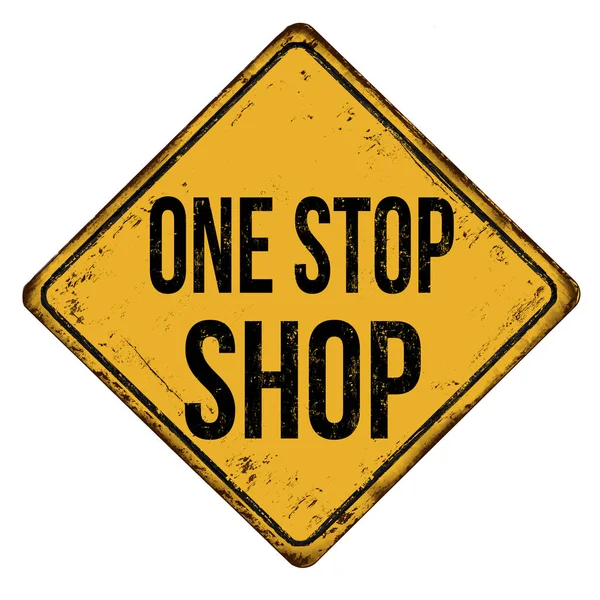 One Stop Shop Cartello Metallo Arrugginito Vintage Sfondo Bianco Illustrazione — Vettoriale Stock