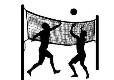 İki adamın beyaz zemin üzerine, vektör çizim plaj voleybolu oynarken siluetleri