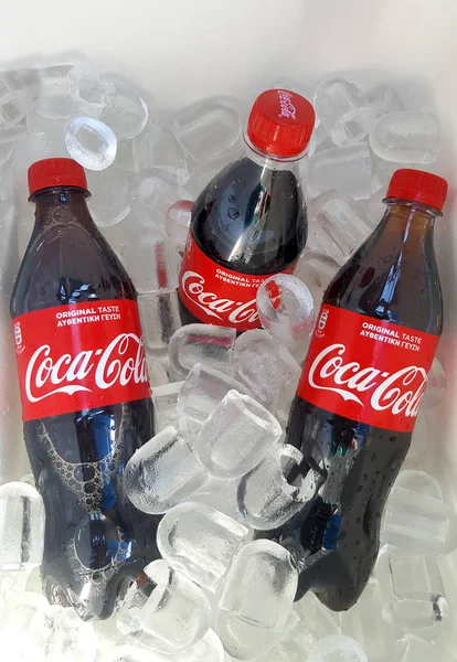 Thessaloniki Greece July 2018 Plastic Bottles Coca Cola Ice Coca — Stock Photo, Image