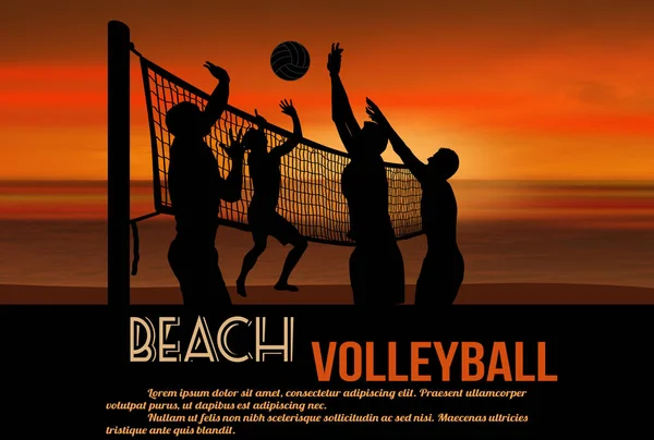 Beachvolleybal Mooie Zonsondergang Poster Met Ruimte Voor Tekst Vectorillustratie — Stockvector