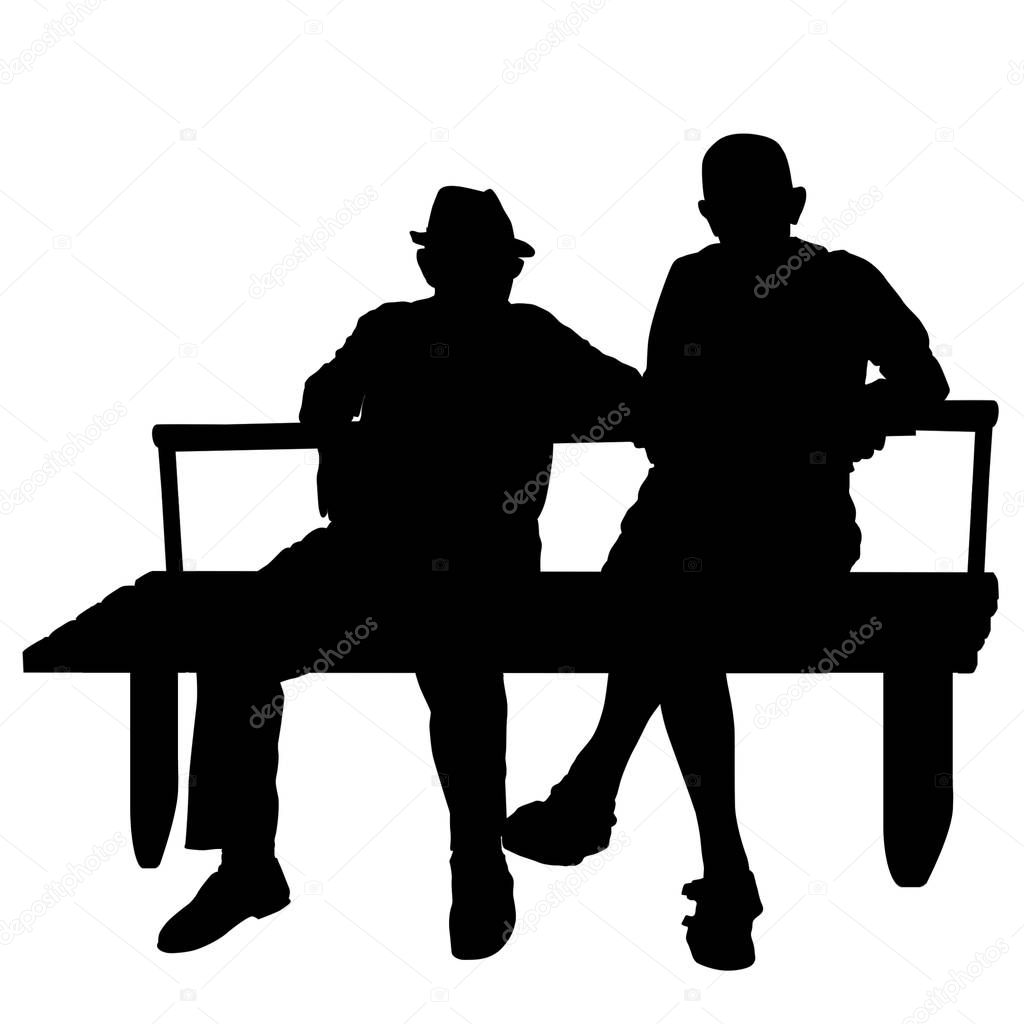 Two elderly people silhouettes sitting on a park bench over white background, vector illustration