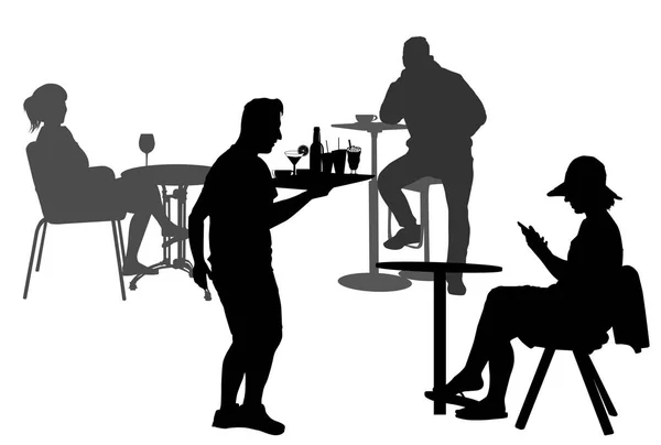 Silhouette Personnes Sur Table Dans Café Serveur Silhouette Avec Plateau — Image vectorielle