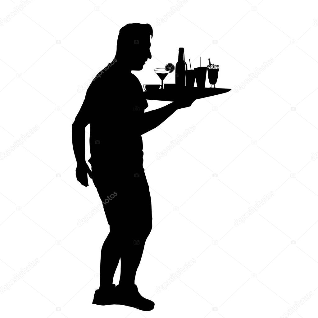 Waiter silhouette with the tray on white background, vector illustration