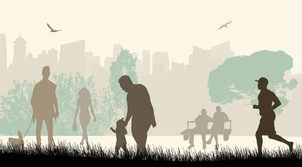 美しい風景 ベクトル図で都市公園のシルエットの人 — ストックベクタ