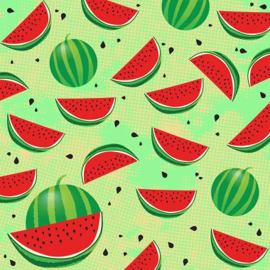 Arka plan deseni karpuz ve tohumlar üzerinde yeşil arka plan, vektör çizim ile
