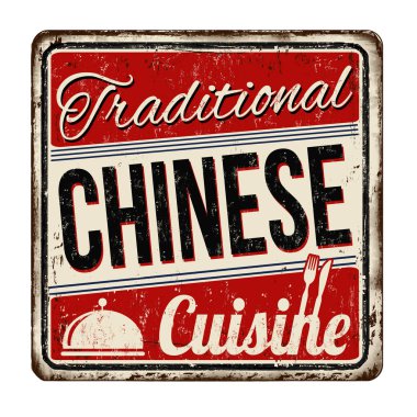 Geleneksel Çin mutfağı vintage paslı metal tabelada beyaz bir arka plan, vektör çizim