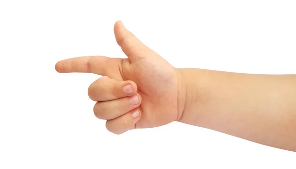 Παιδί Χέρι Δείχνοντας Δάχτυλο Δείκτης Όπλο Χειρονομία Λευκό Φόντο — Φωτογραφία Αρχείου