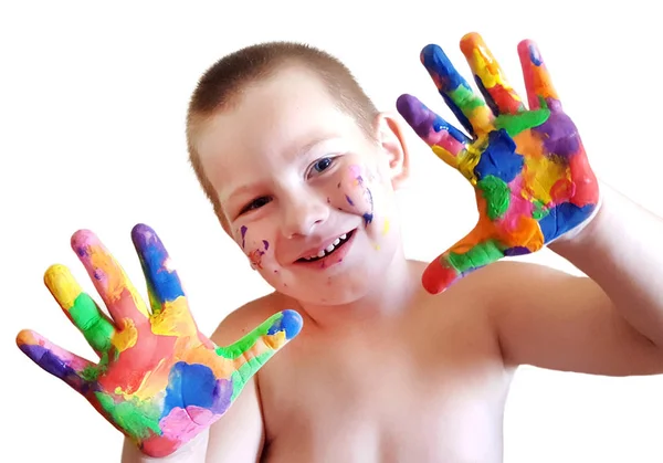 Grappig Jongetje Met Handen Geschilderd Kleurrijke Verf Witte Achtergrond — Stockfoto