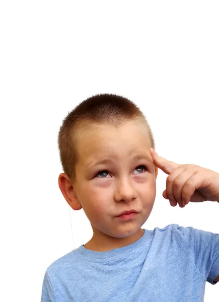 Portrait Cute Little Boy Thinking White Background — Stock Photo, Image