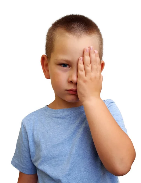 Little Boy Covering One Eye Palm Eyesight Exam White Background — Stock Photo, Image