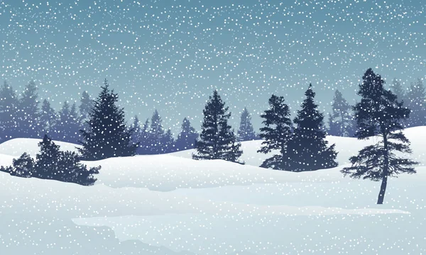Urlaub Winter Landschaft Hintergrund Mit Kiefern Blauen Himmel Mit Schneefall — Stockvektor