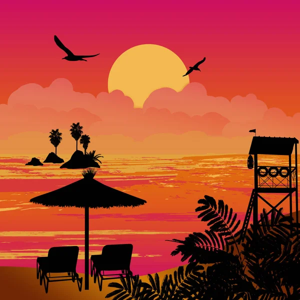 Schöne Meereslandschaft Bei Sonnenuntergang Mit Stühlen Und Sonnenschirm Vektorillustration — Stockvektor