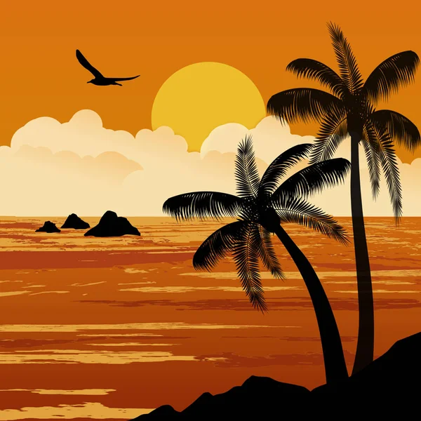 Gyönyörű Trópusi Napnyugta Pálmafákkal Vektoros Illusztráció — Stock Vector