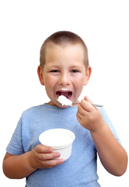 Cute Little Boy Eating Yogurt White Background — Stock Photo, Image