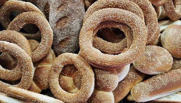 Bröd Bakgrund Matkoncept Med Grupp Bakverk Från Ett Bageri — Stockfoto