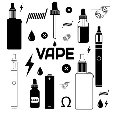 Beyaz arka planda, vektör çizim vape simgeler kümesi