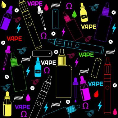 Siyah arka planda, vektör çizim vape dükkanı veya e-sigara deposu renkli arka plan dokusu