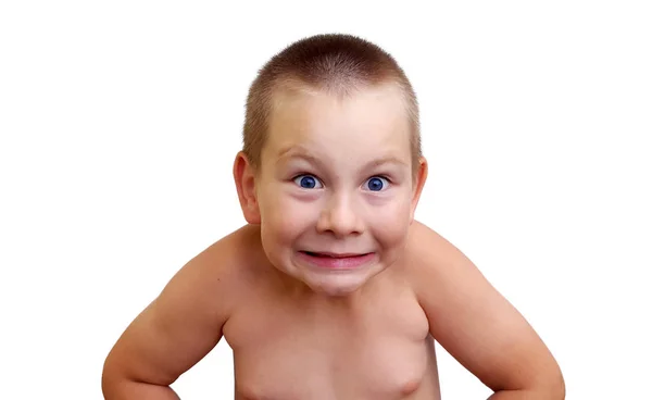 Niño Mostrando Sus Músculos Chico Fuerte Haciendo Una Cara Divertida — Foto de Stock