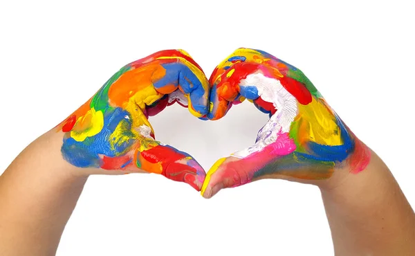 Heart Shape Made Kids Painted Hands White Background — Stock Photo, Image