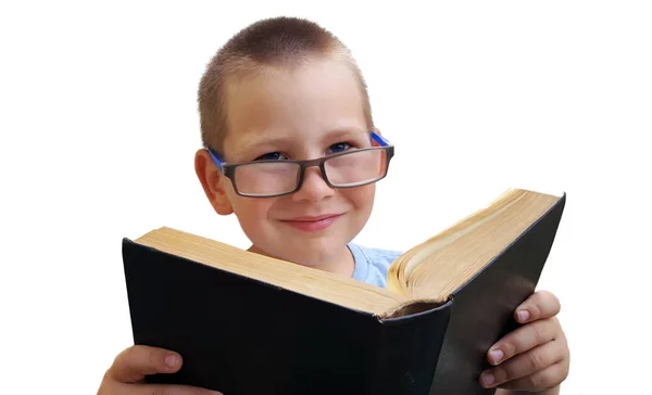 Adorable Little Boy Glasses Reading Book White Background — Stock Photo, Image