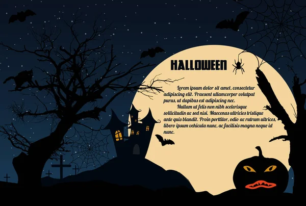 Halloween Éjszaka Vár Hátborzongató Fák Tök Hold Háttér Vektor Illusztráció — Stock Vector