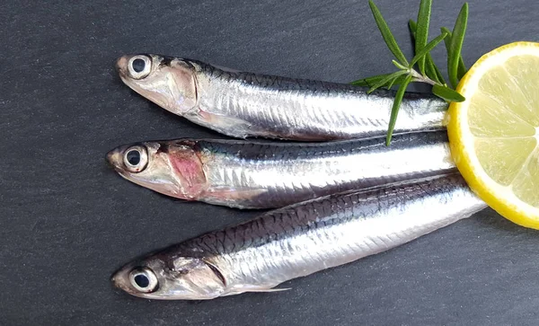 Fresh Raw Sardines Dark Stone Background — Stock Photo, Image