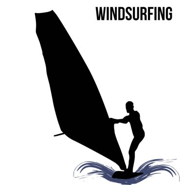 Beyaz arka planda, vektör çizim adet rüzgar sörfü siluet