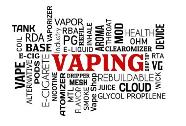Vaping kelime bulutu kavramı beyaz arka planda, vektör çizim 