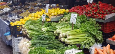 ATHENS, GREECE - JANUARY 14, 2019: Street market with fresh fruits and vegetables in downtown Athens, Greece 