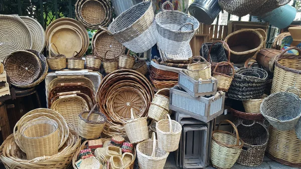 Dřevěná Proutěný Koš Prodej Handcraft Pouliční Trh Athénách — Stock fotografie