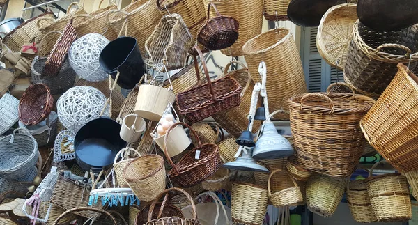 Panier Osier Bois Vendre Marché Artisanal Athènes — Photo