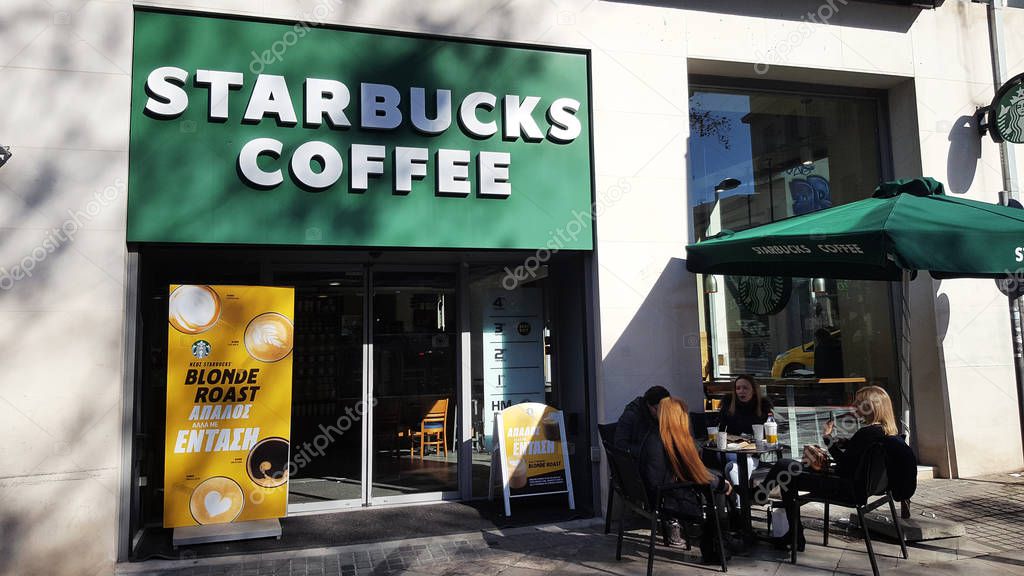 ATHENS, GREECE - JANUARY 18, 2019: Starbucks coffee shop. Starbucks is the largest coffeehouse company in the world