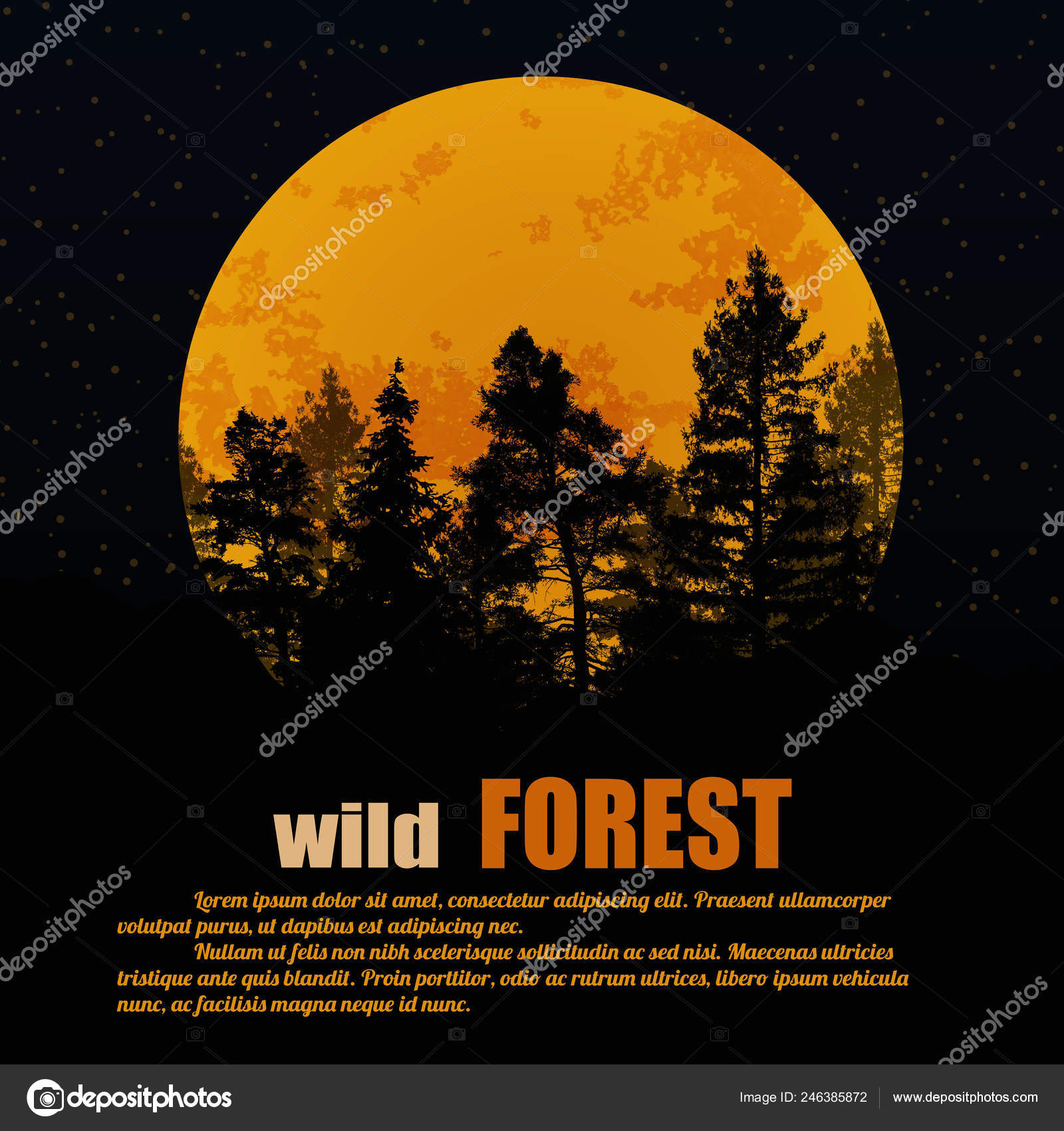 Wild Forest Poster Coniferous Forest Silhouette Background Front Full Moon Stock Vector C Roxanabalint 246385872