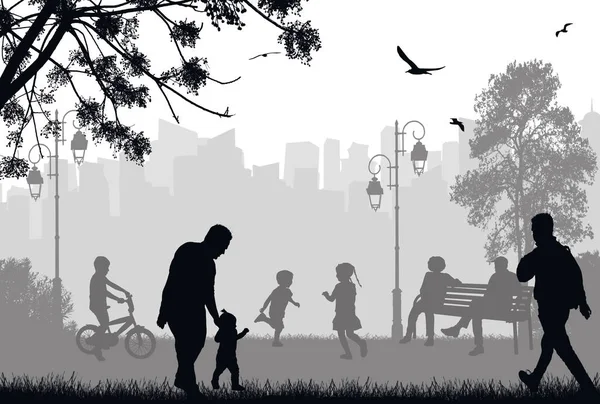 Silhouettes Personnages Dans Parc Urbain Noir Blanc Illustration Vectorielle — Image vectorielle