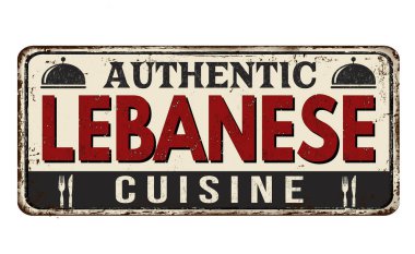 Otantik Lübnan mutfağı vintage paslı metal tabelada beyaz bir arka plan, vektör çizim