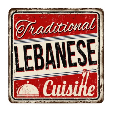 Geleneksel Lübnan mutfağı vintage paslı metal tabelada beyaz bir arka plan, vektör çizim