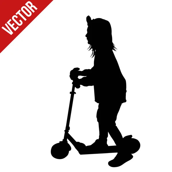 Pequeña silueta de niña montando un scooter — Vector de stock