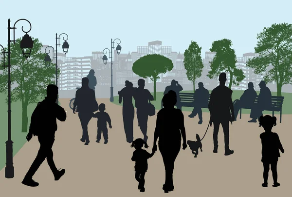 Silhouettes Personnes Dans Parc Urbain Illustration Vectorielle — Image vectorielle