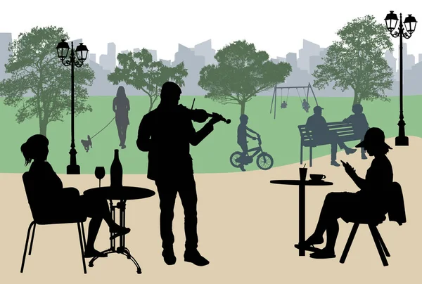 Violinista executar em um café de rua perto do parque da cidade — Vetor de Stock