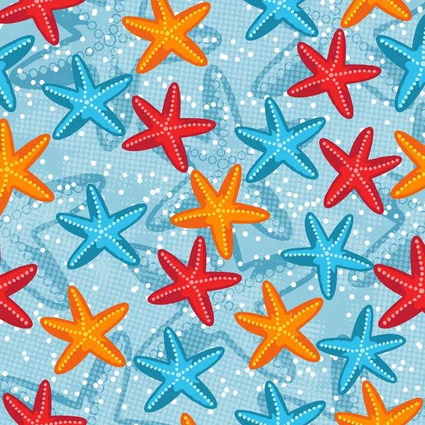 Patrón sin costuras de verano con estrellas de mar en azul — Vector de stock