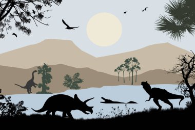 Nehir yakın güzel manzara dinozorlar siluetleri, vektör illüstrasyon