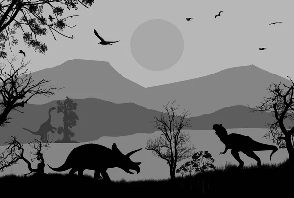 Güzel Manzara Vektör Çizim Dinozorlar Silhouettes — Stok Vektör