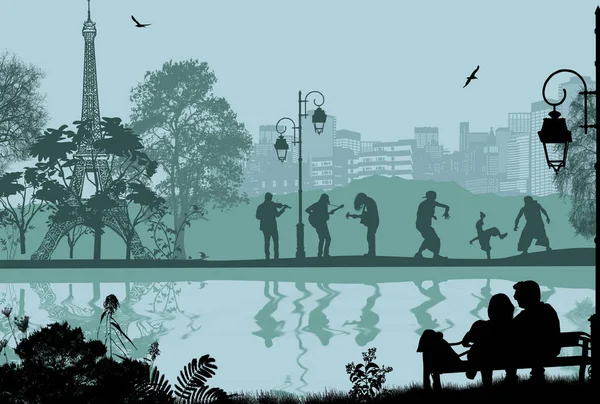 Векторна Конструкція Фону Паризькому Міський Пейзаж Люди Силуети Відображенням Воді — стоковий вектор