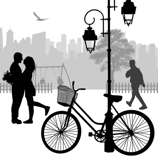 Romantic Couple Silhouette Street Poster Concept Vector Illustration — Stock Vector