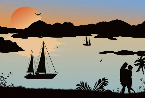 Σιλουέτα ενός ζευγαριού και πλοίων στη θάλασσα στο όμορφο ηλιοβασίλεμα — Διανυσματικό Αρχείο