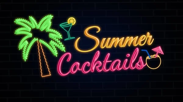 Summer cocktails glowing neon sign — Stock Vector